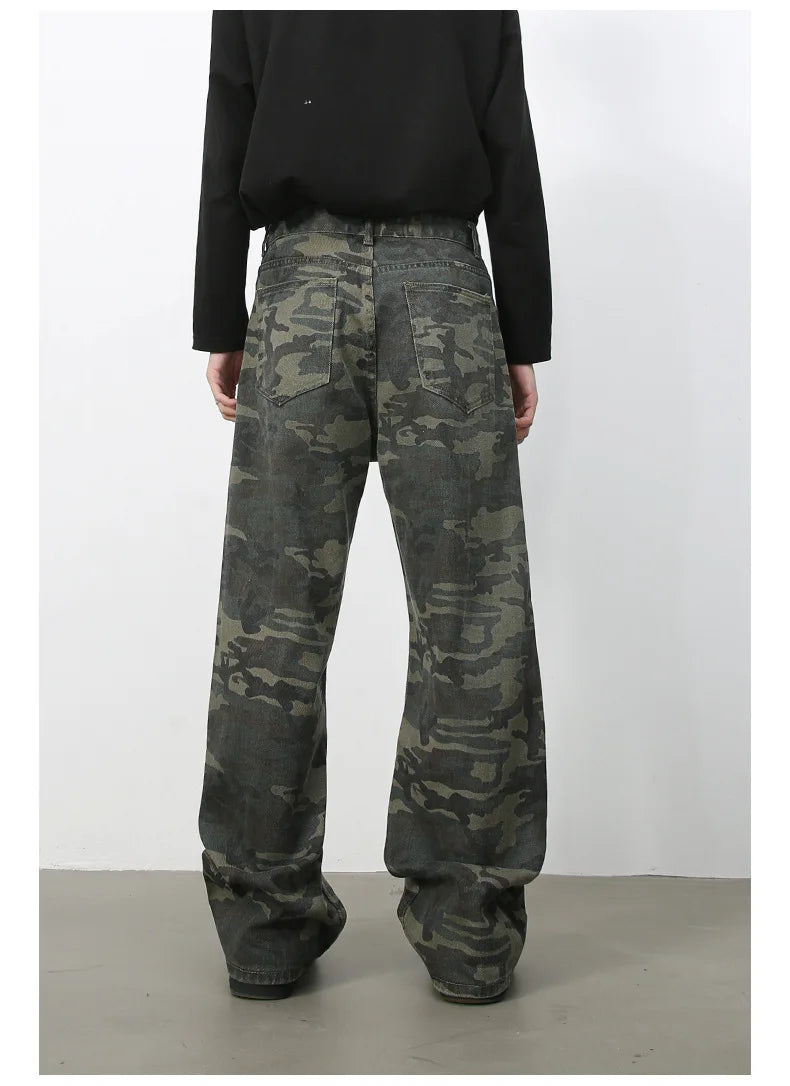 PFNW American 2025 New Tide Camouflage Jeans Men's Ins Loose Straight Wide Leg Casual Denim Pants Loose Male Trousers 12C2036