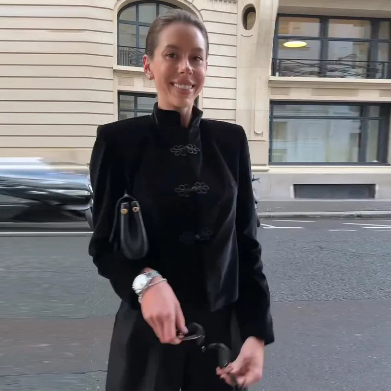 Black Velvet Tassel Jacket Knot Button Asymmetric Hem Long Sleeve Slim Fit Elegant Daily Commute Streetwear Fashion Outerwear