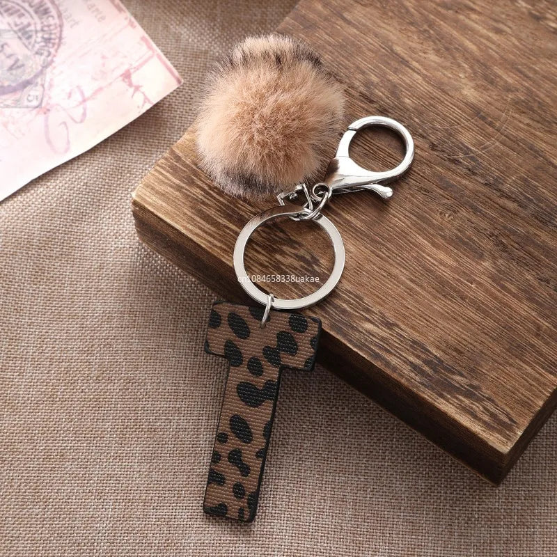 Fashion Leopard English Alphabet Artificial Leather Keychain Exquisite Letter Keyring Women Handbag Charms Accessories Gifts