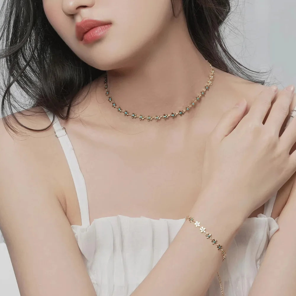 Gold Plated Stainless Steel Waterproof Necklace Bracelet Set Colorful Artificial Crystal Flower Chain Jewelry Set for Women Gift