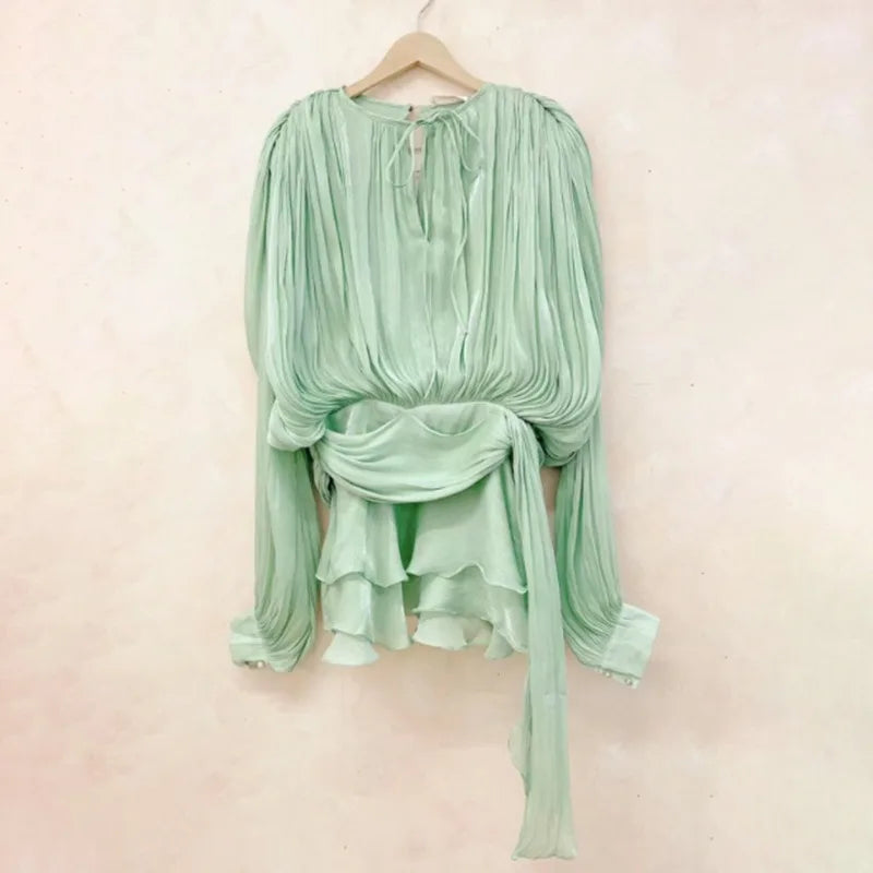 TARUXY Elegant Pleated Mini Dress For Women Lace Up Shiny Long Sleeve Dress Evening Party Outfits High Waist Female Slim Dress
