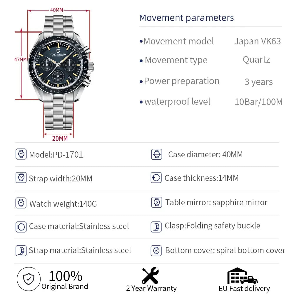 PAGANI DESIGN 2026 New Saturn Watch Luxury Quartz Watches For Men Stainless steel Luminous AR Sapphire crystal Chronograph Man
