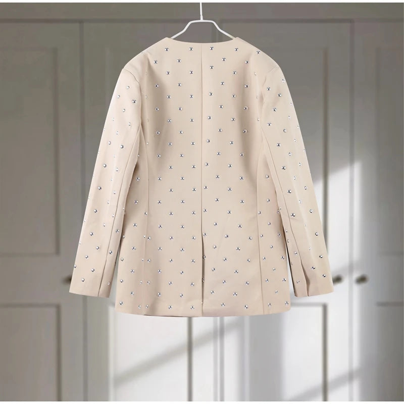 Rivet Fashion V-neck Balzer Coat Women Shoulder Pads Loose Fake Pocket Long Sleeve Jacket 2025 Spring Street Party Commute Tops