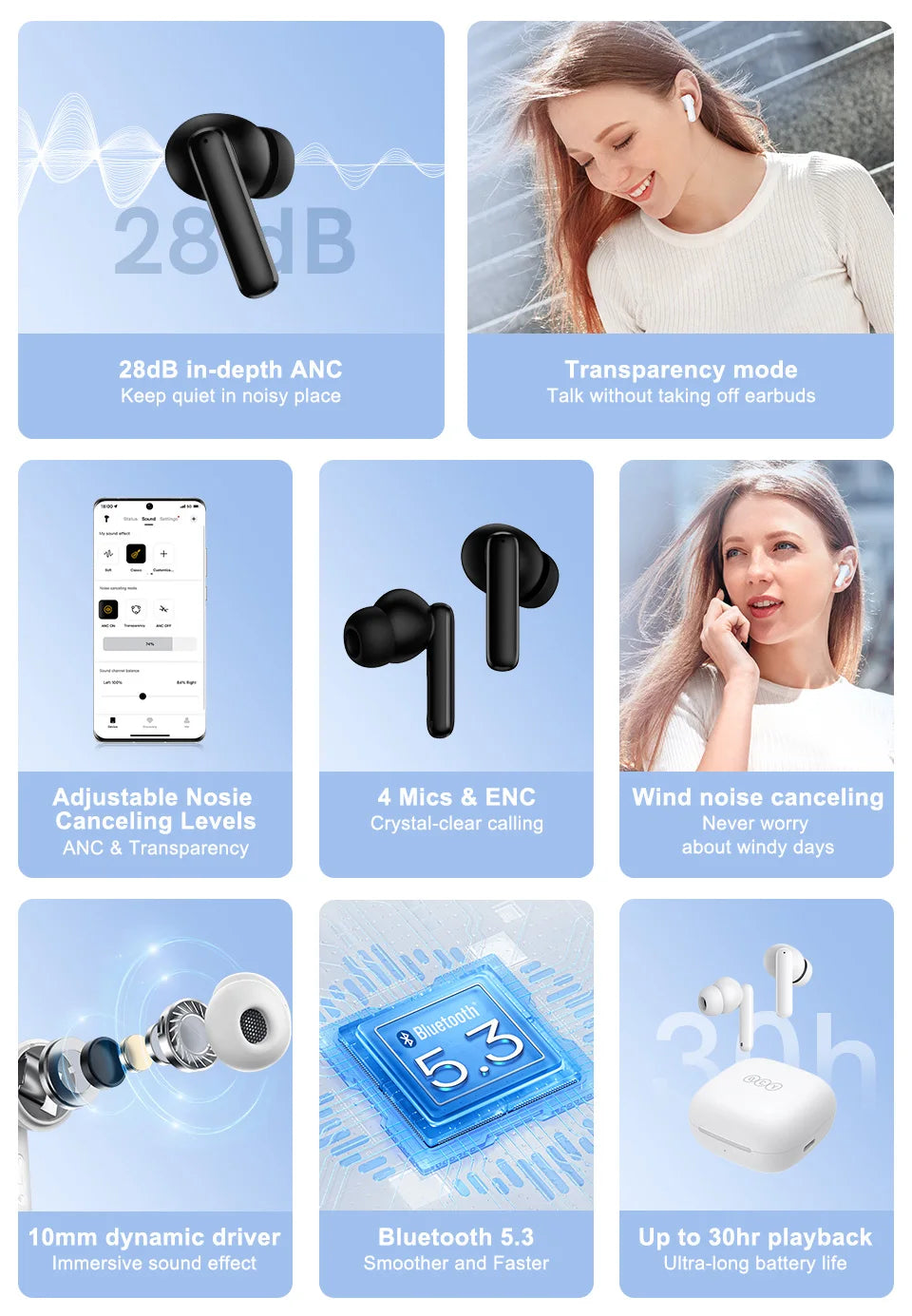 QCY T13 ANC Wireless Earphones Bluetooth 5.3 TWS ANC Noise Cancellation Headphone 4 Mics ENC Headset in-Ear Handfree Earbuds