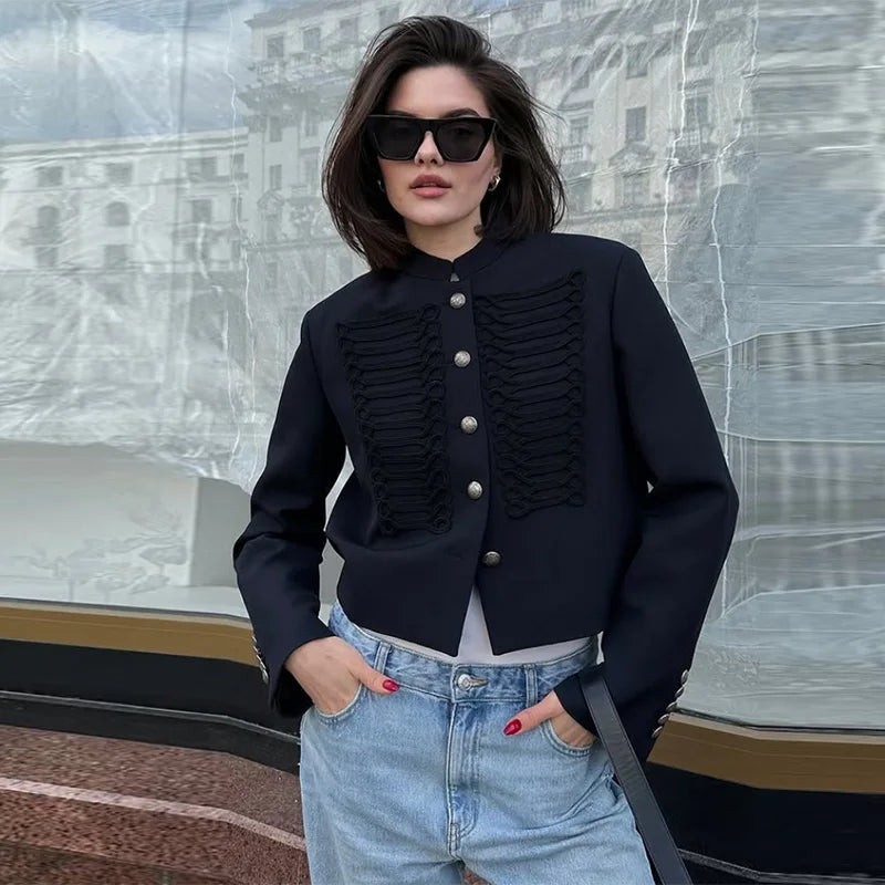 Black Velvet Tassel Jacket Knot Button Asymmetric Hem Long Sleeve Slim Fit Elegant Daily Commute Streetwear Fashion Outerwear