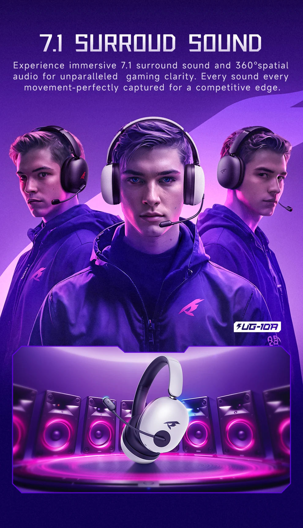 Picun UG-10A Gaming Wireless Headphone with Mic Over-Ear Headset 56dB Bluetooth 6.0 40mm Driver 2.4G/Wireless/Cable Earphones