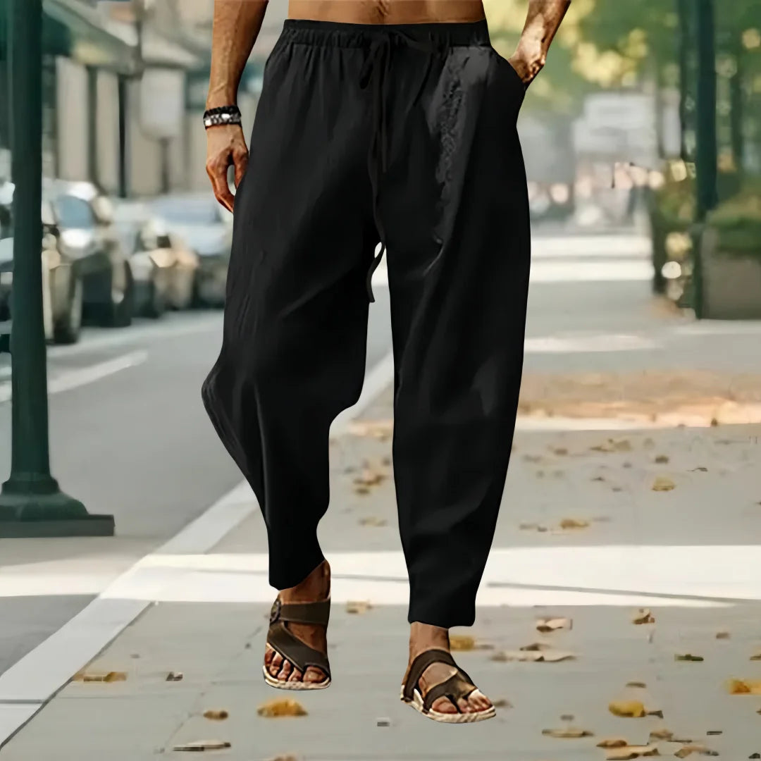 New Men Cotton Linen Pants Summer and Autumn Solid High Waist Wide-Leg Trousers Male Loose Hemp Casual Breathable Sports Pants