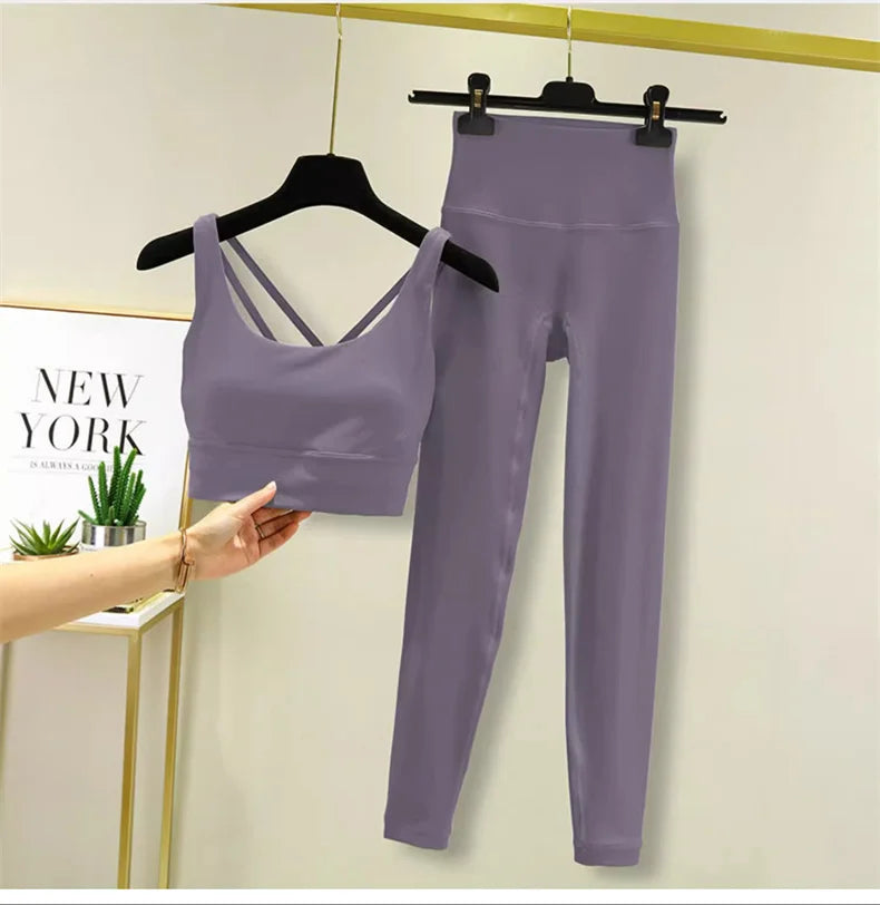 TRY TO BN Tummy Control Gym Set 2 Piece High Waisted Leggings Cross Bra Squat Proof Fitness Breathable Yoga Outfits Workout Set