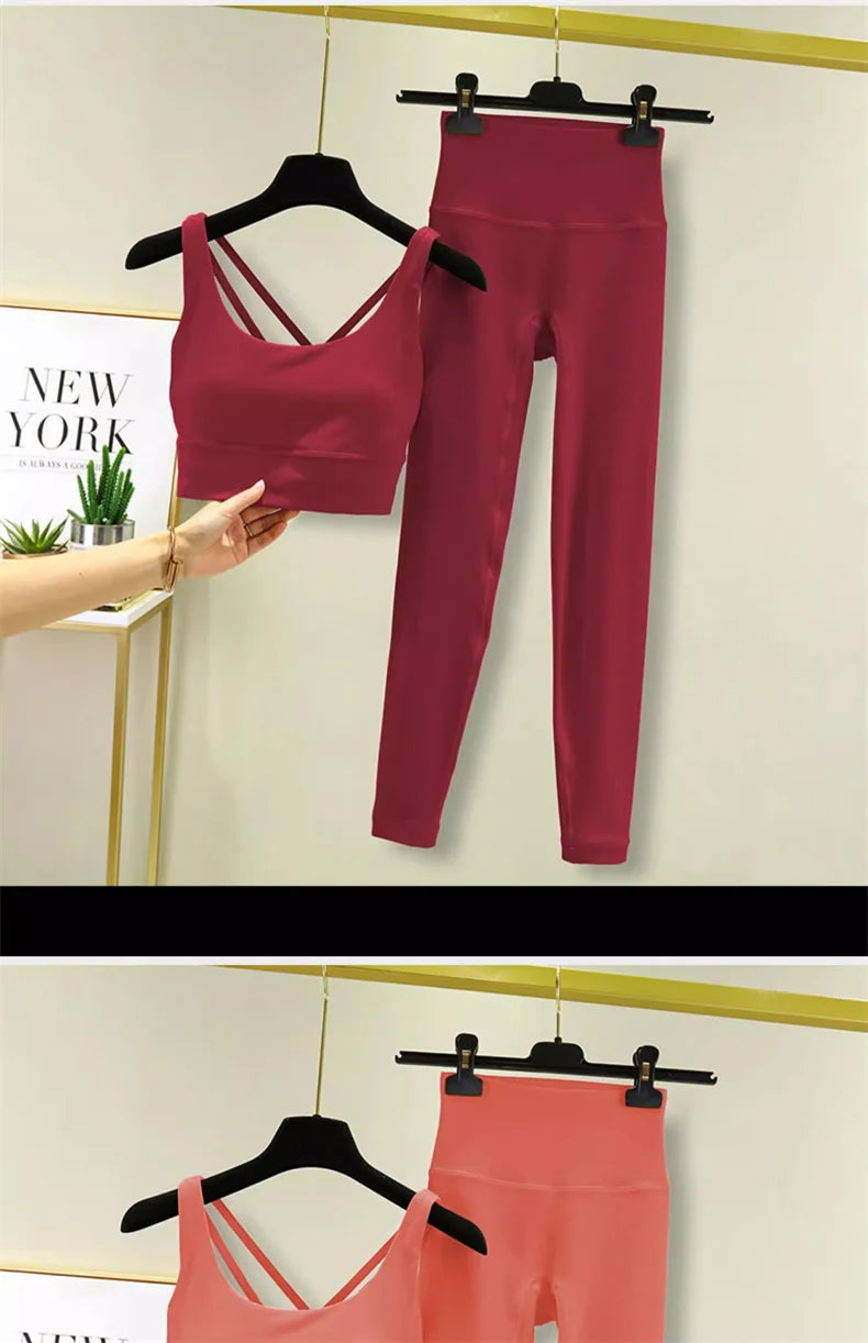 TRY TO BN Tummy Control Gym Set 2 Piece High Waisted Leggings Cross Bra Squat Proof Fitness Breathable Yoga Outfits Workout Set