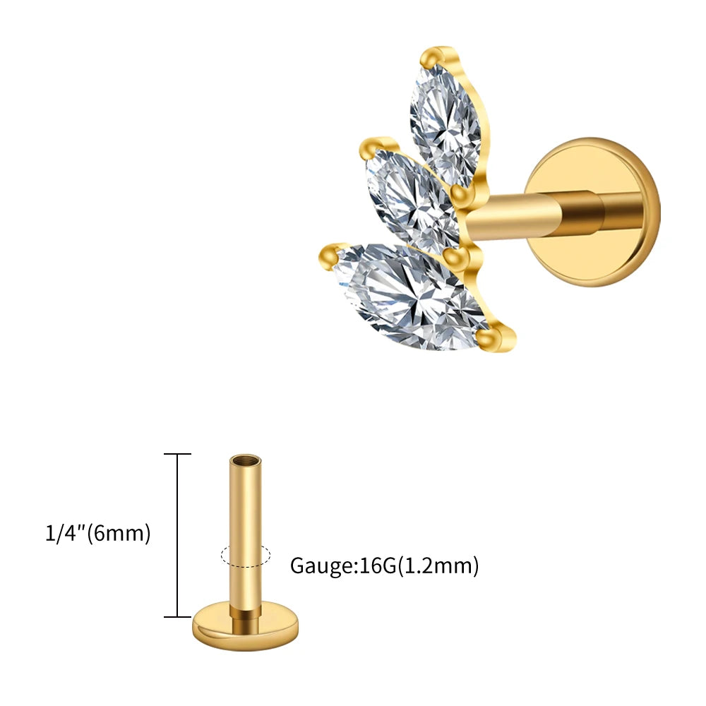 Right Grand ASTM F136 Titanium 16G Cluster Marquise CZ Tragus Helix Stud Conch Lobe Rook Cartilage Leaf Climber Flat Back Labret