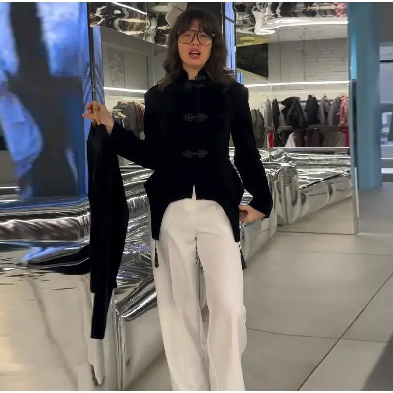 Black Velvet Tassel Jacket Knot Button Asymmetric Hem Long Sleeve Slim Fit Elegant Daily Commute Streetwear Fashion Outerwear