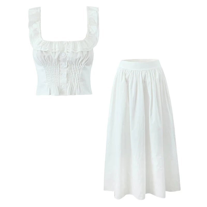 YENKYE 2025 Women Yellow White Cotton Big Swing Long Skirt Vintage High Waist Side Zipper A-line Summer Skirts Holiday