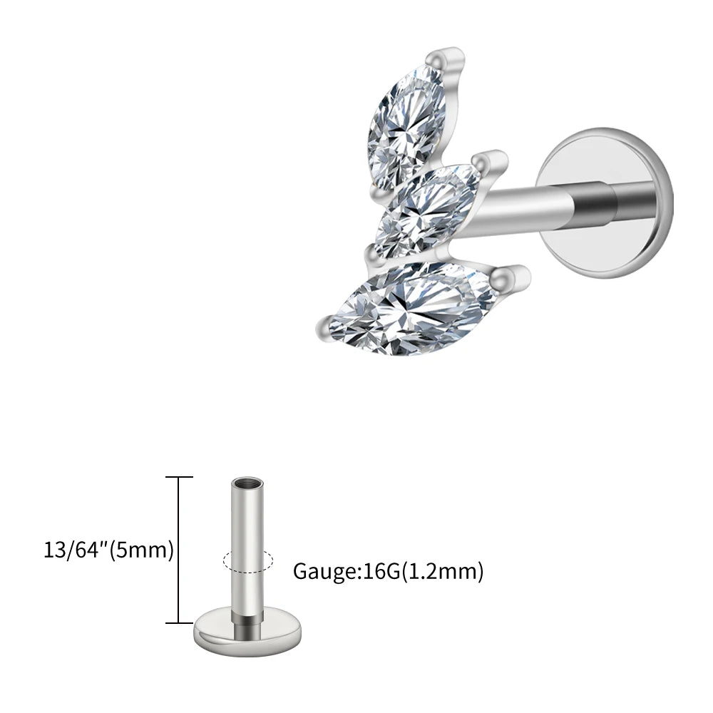 Right Grand ASTM F136 Titanium 16G Cluster Marquise CZ Tragus Helix Stud Conch Lobe Rook Cartilage Leaf Climber Flat Back Labret