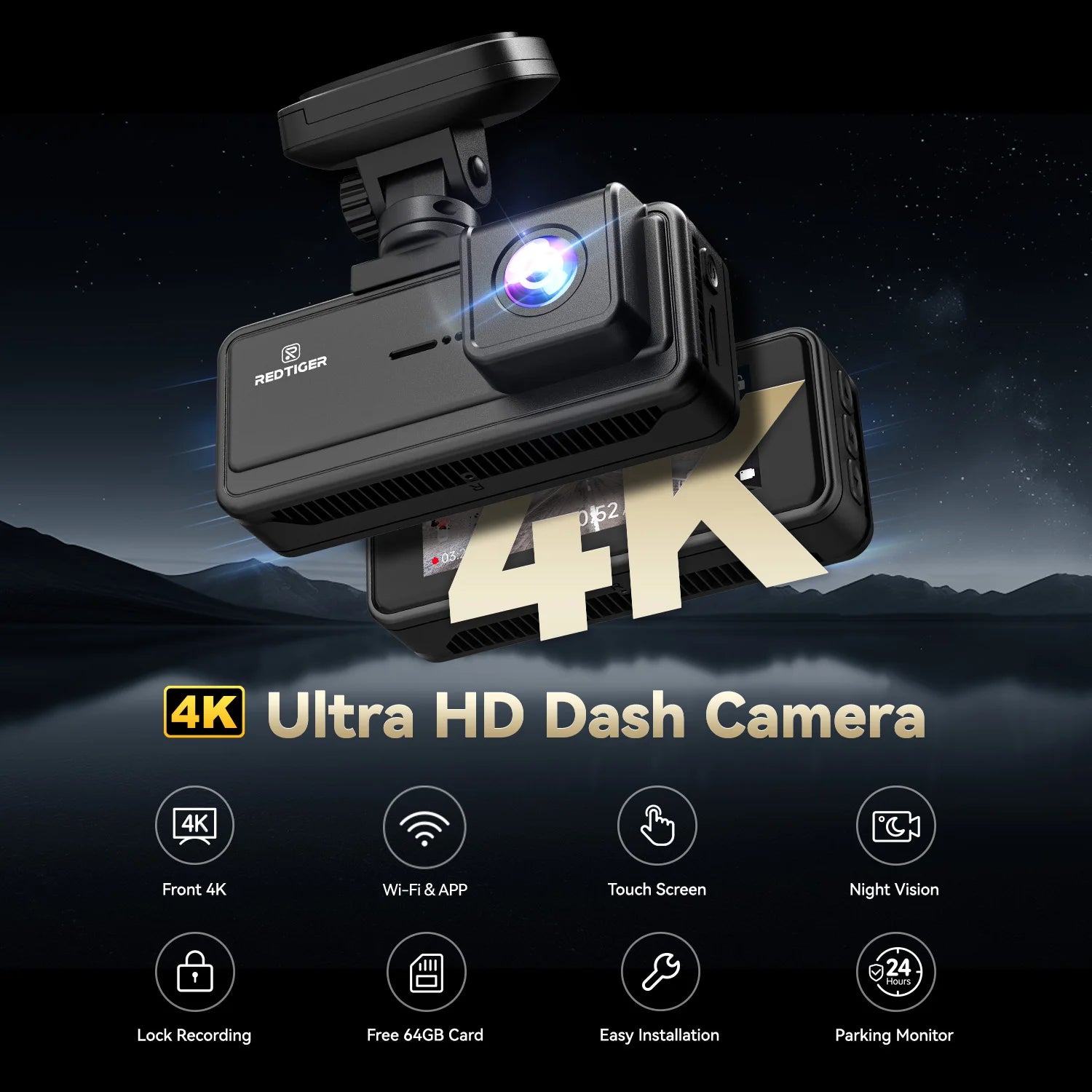 REDTIGER A8 4K+1080P ADAS Dash Cam 3.18" IPS Touch Screen Front And Rear Car Camera Built-in WiFi And GPS Car DVR Night Vision
