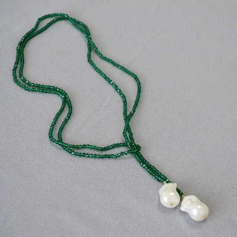 Retro Alien Irregular Baroque Pearl Pendant Necklace for Women Vintage Green Black Crystal Bead Long Necklace Neck Chain Jewelry
