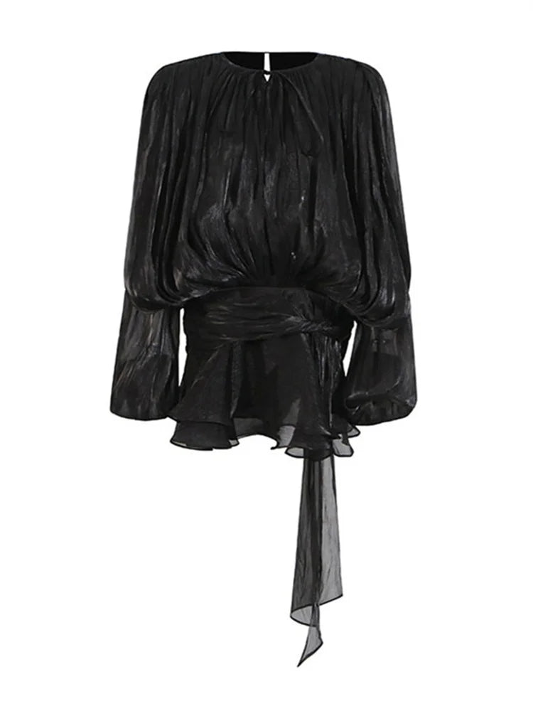 TARUXY Elegant Pleated Mini Dress For Women Lace Up Shiny Long Sleeve Dress Evening Party Outfits High Waist Female Slim Dress