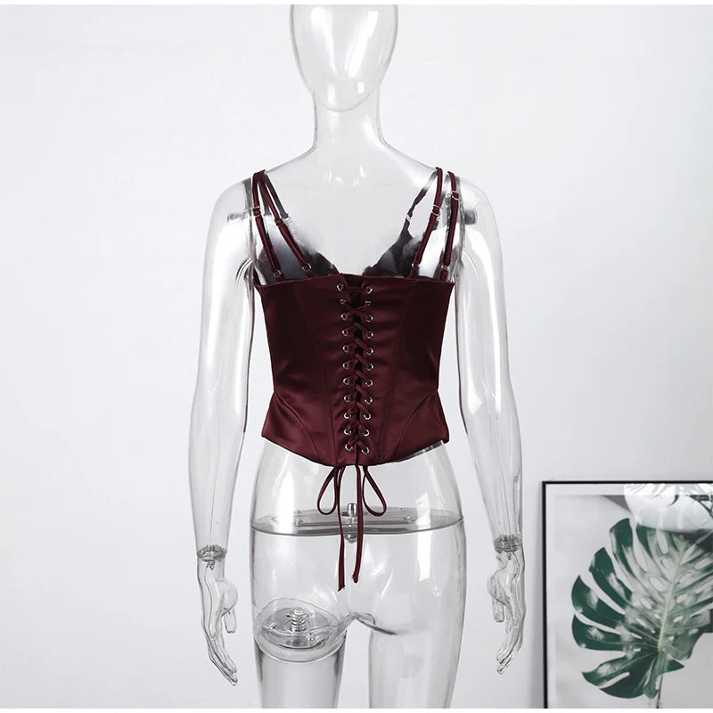 Women Solid Deep-V Satin Camisole Corset Top Elegant Double-Strap Fitted Cropped Back-Tie 2025 Chic Versatile Date Lady Tops