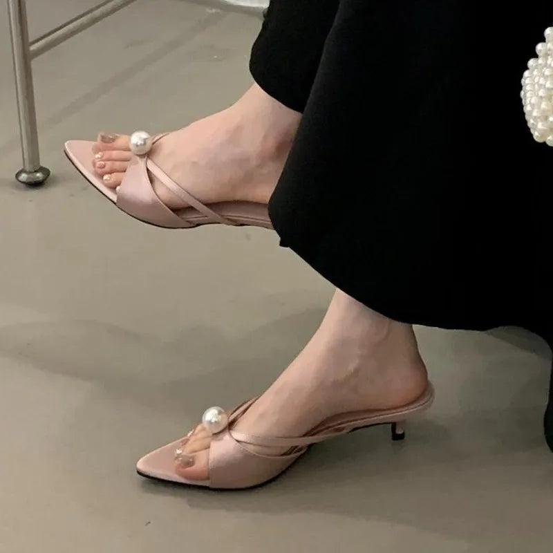 Female Slip on Footwear Silk Fashion String Bead Elegant Women Low Heel Shoes Pointed Toe Ladies Heeled Pumps Slides Shoes