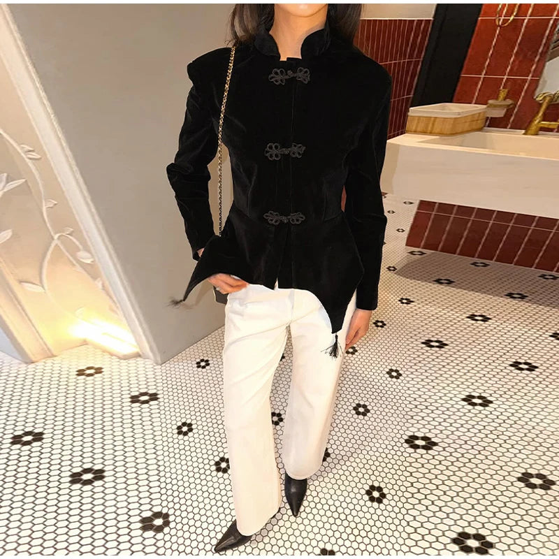 Black Velvet Tassel Jacket Knot Button Asymmetric Hem Long Sleeve Slim Fit Elegant Daily Commute Streetwear Fashion Outerwear