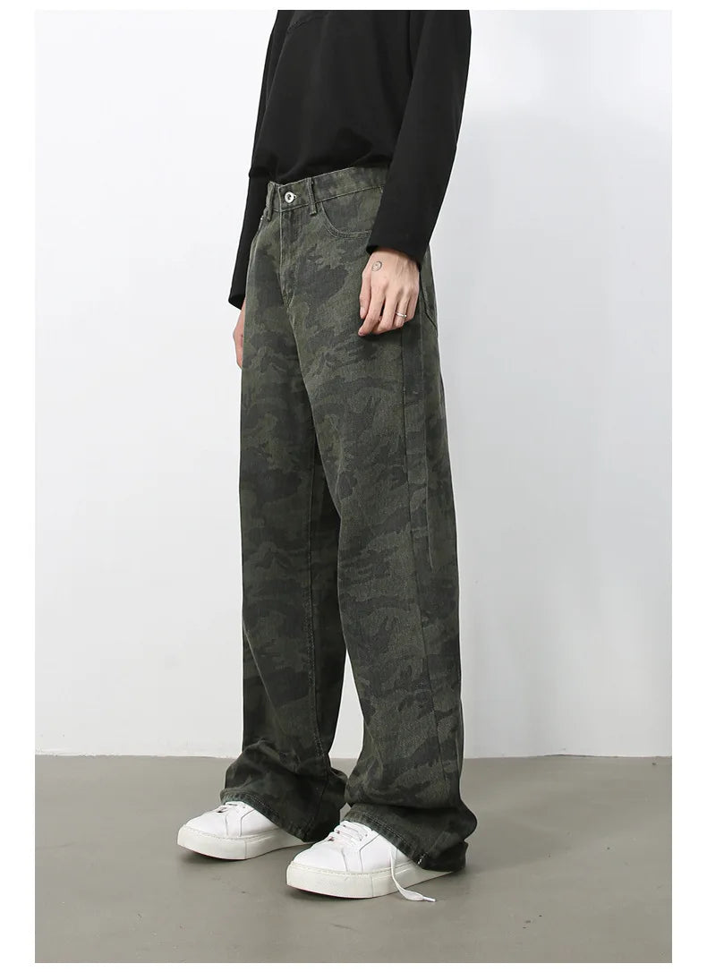 PFNW American 2025 New Tide Camouflage Jeans Men's Ins Loose Straight Wide Leg Casual Denim Pants Loose Male Trousers 12C2036