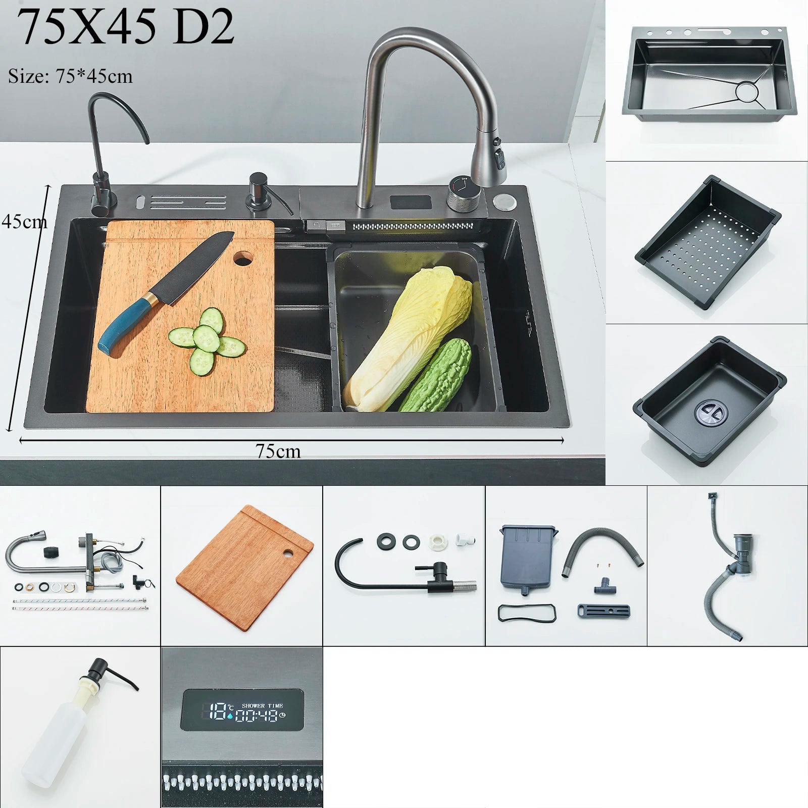 Shinesia Stainless Steel Kitchen Waterfall Sink Digital Display Large Single Sink Dish Basin Sink With Multifunction