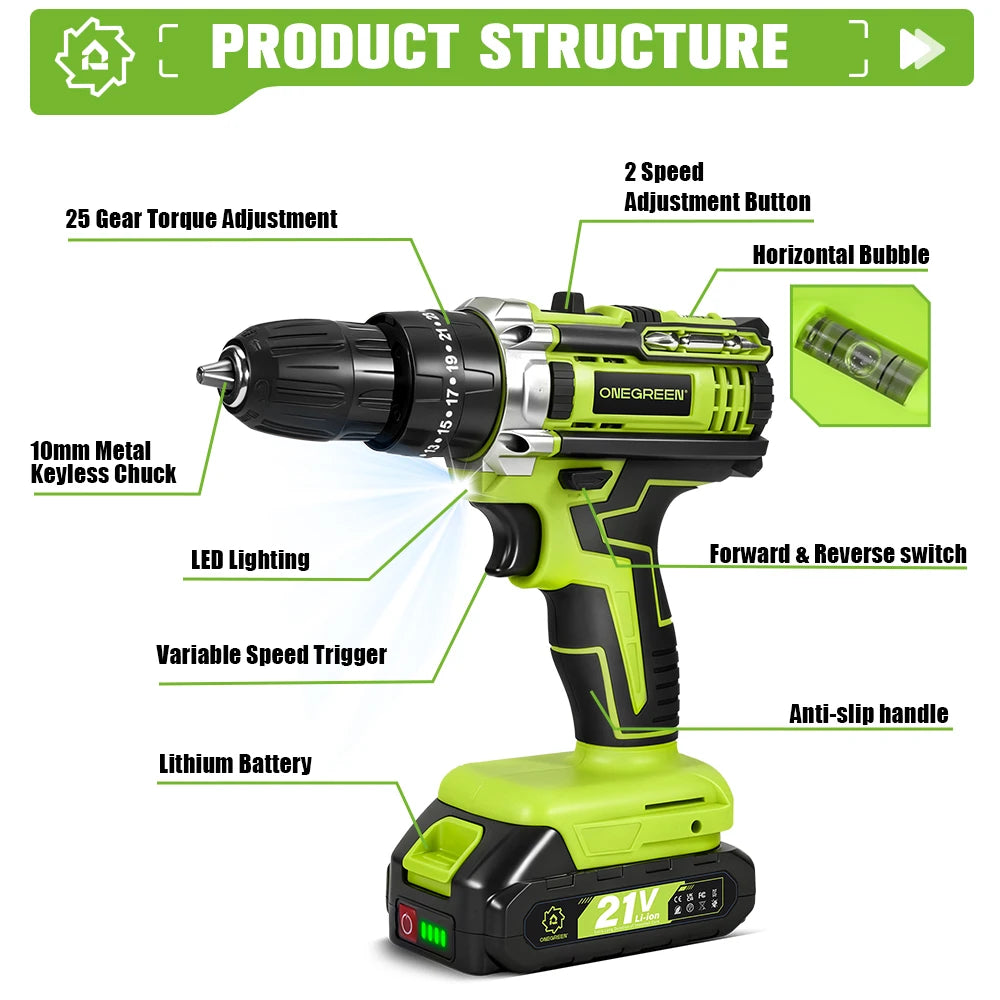 ONEGREEN 25+3 Torque Electric Impact Drill 3 Mode Adjustable Cordless Electric Screwdriver Power Tool For Makita 21V Battery Pin