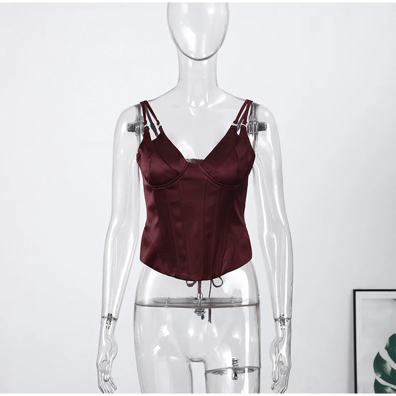 Women Solid Deep-V Satin Camisole Corset Top Elegant Double-Strap Fitted Cropped Back-Tie 2025 Chic Versatile Date Lady Tops