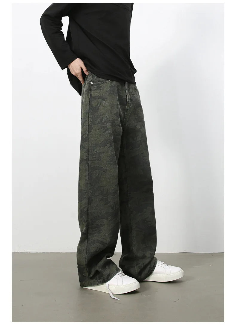 PFNW American 2025 New Tide Camouflage Jeans Men's Ins Loose Straight Wide Leg Casual Denim Pants Loose Male Trousers 12C2036