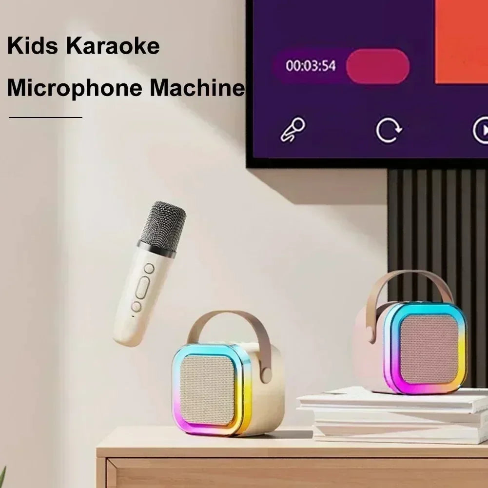 K12 Bluetooth speaker karaoke machine portable speaker system with 2 wireless microphones family family singing children's gif