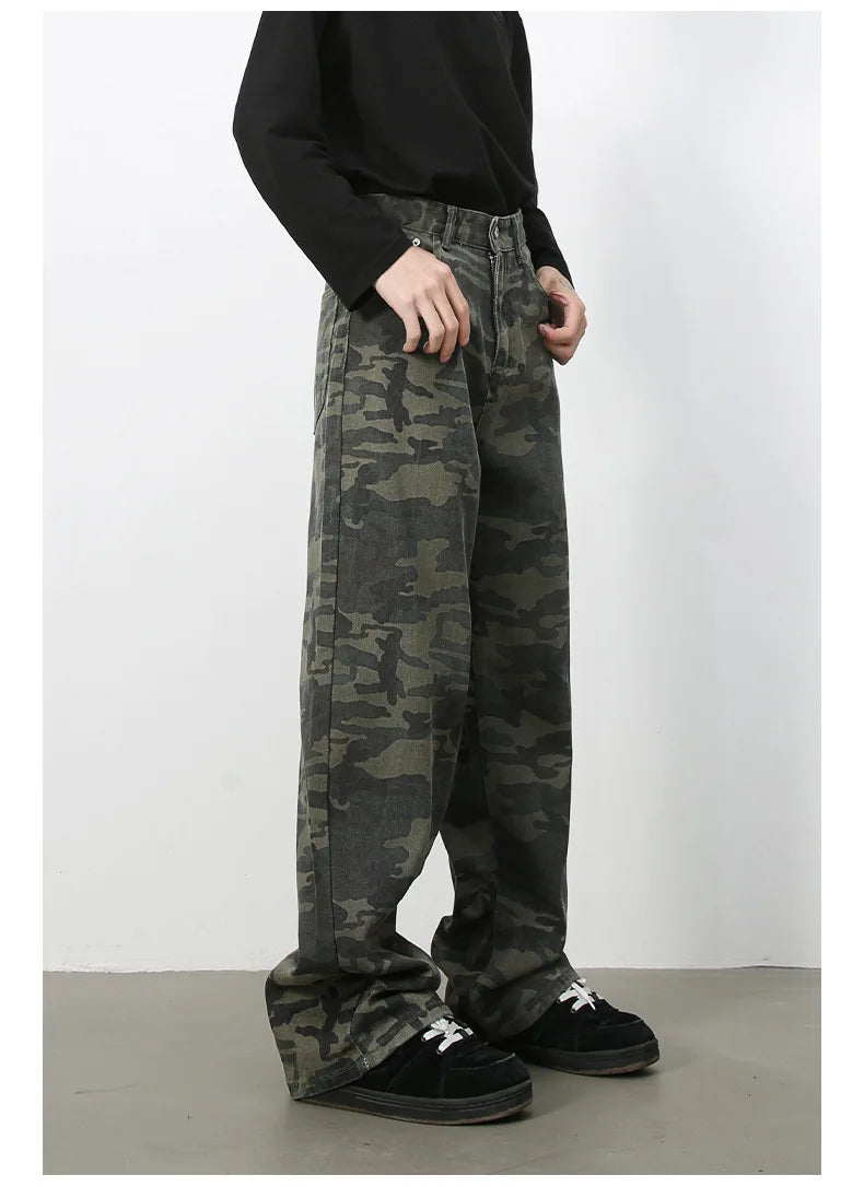 PFNW American 2025 New Tide Camouflage Jeans Men's Ins Loose Straight Wide Leg Casual Denim Pants Loose Male Trousers 12C2036