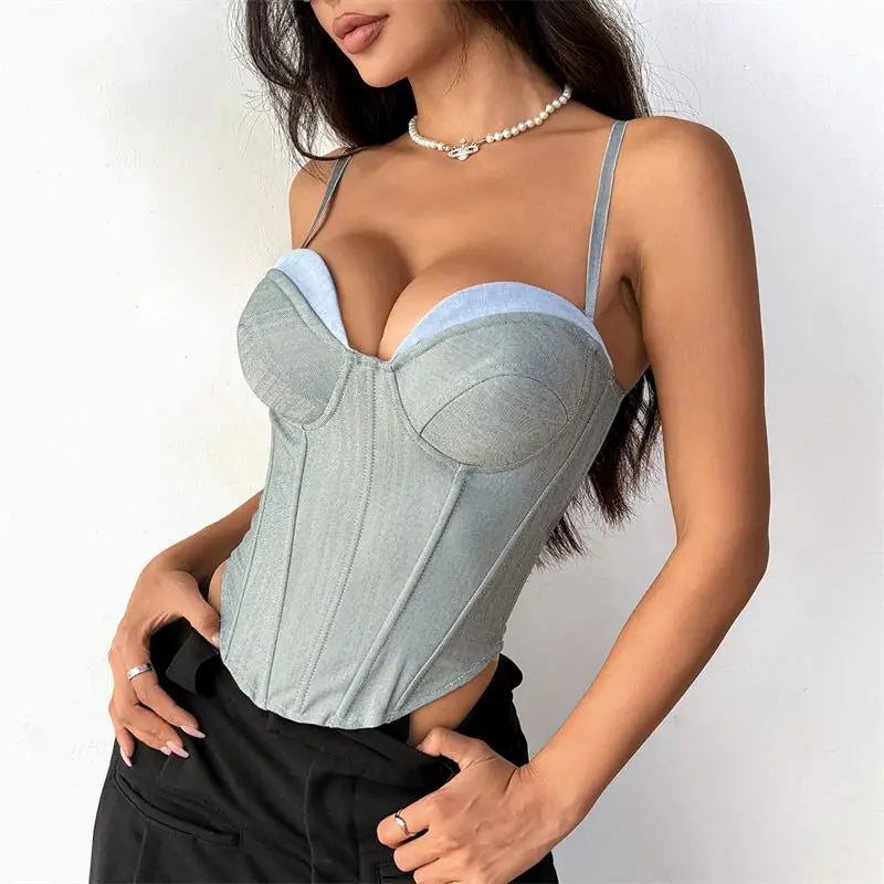 Women Solid Deep-V Satin Camisole Corset Top Elegant Double-Strap Fitted Cropped Back-Tie 2025 Chic Versatile Date Lady Tops