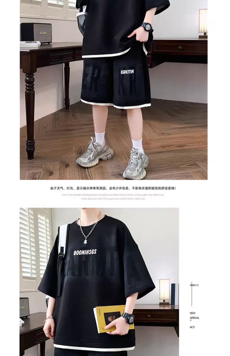 Summer Men's Large Suit S-6XL New Trendy Two Piece Set Korean High Street Fashion T-shirt Shorts Tracksuits Designer Clothes Men