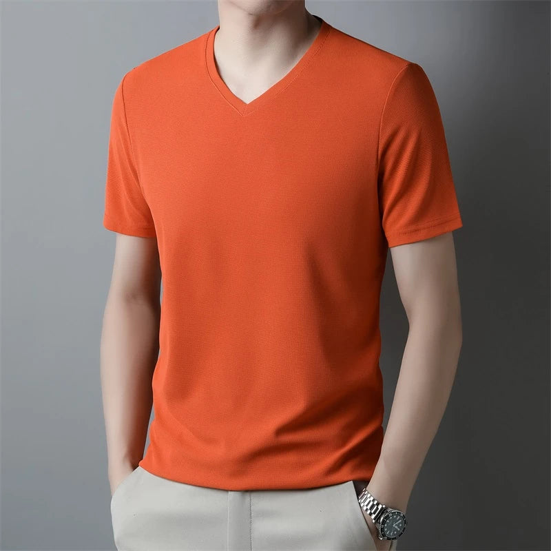 2024 Men's Waffle V Neck Short Sleeve T-Shirt Summer Comfortable Breathable Fashion Top in Solid Colors