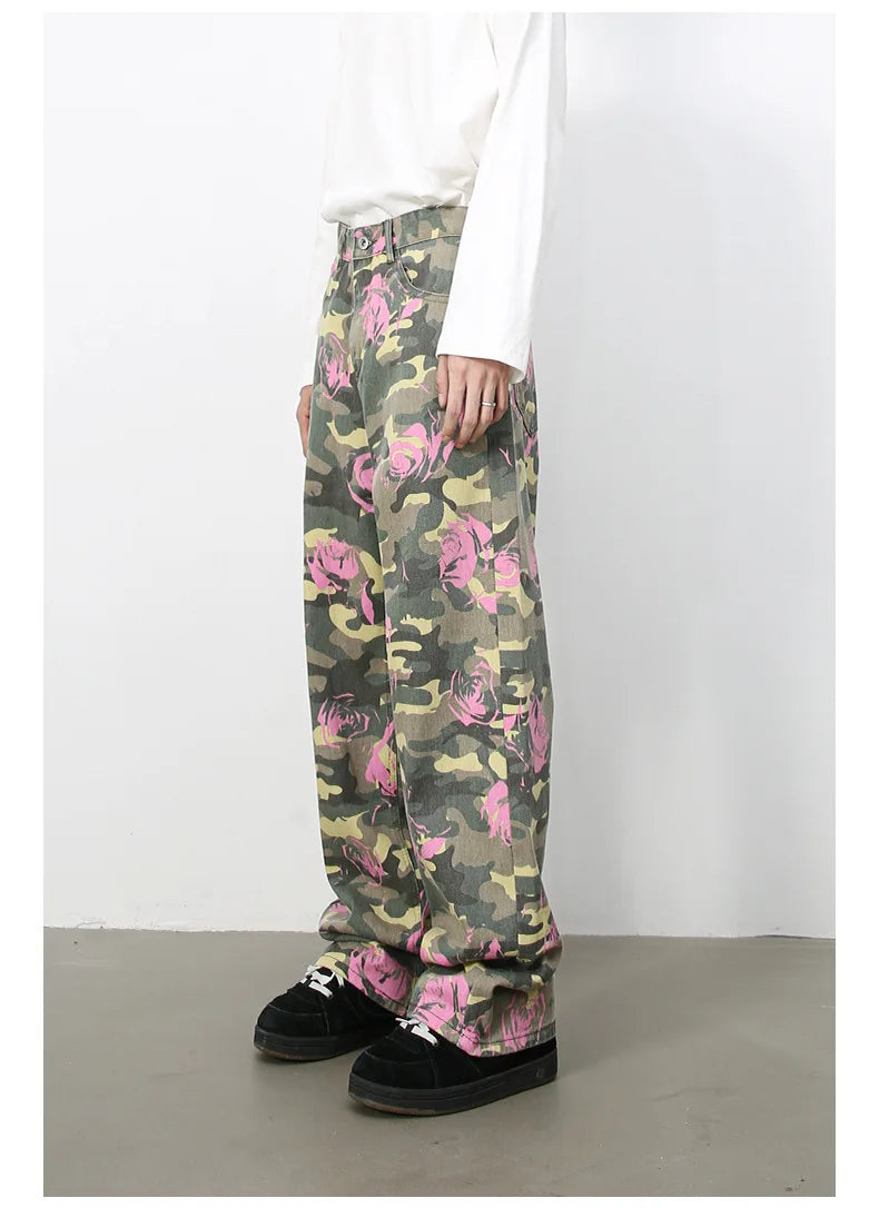 PFNW American 2025 New Tide Camouflage Jeans Men's Ins Loose Straight Wide Leg Casual Denim Pants Loose Male Trousers 12C2036