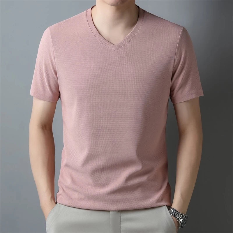 2024 Men's Waffle V Neck Short Sleeve T-Shirt Summer Comfortable Breathable Fashion Top in Solid Colors