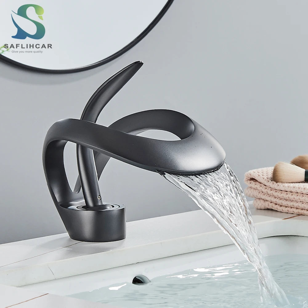 Matte Black Bathroom Basin Faucet Brass Single Handle Waterfall Mixer Tap Modern Style Hot Cold Water Sink Mixer Crane