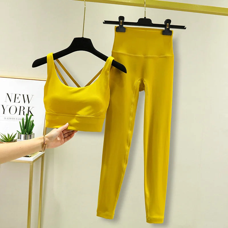 TRY TO BN Tummy Control Gym Set 2 Piece High Waisted Leggings Cross Bra Squat Proof Fitness Breathable Yoga Outfits Workout Set