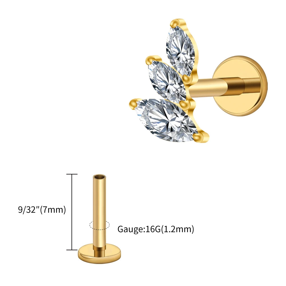 Right Grand ASTM F136 Titanium 16G Cluster Marquise CZ Tragus Helix Stud Conch Lobe Rook Cartilage Leaf Climber Flat Back Labret