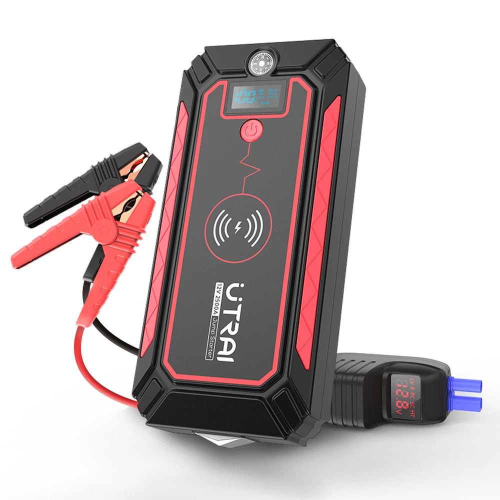 Car Jump Starter  2500A Power Bank Car Battery with 10W Wireless Charger LCD Screen Safety Hammer Jump starter