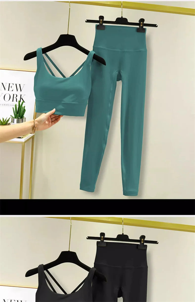 TRY TO BN Tummy Control Gym Set 2 Piece High Waisted Leggings Cross Bra Squat Proof Fitness Breathable Yoga Outfits Workout Set
