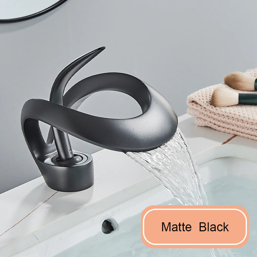 Matte Black Bathroom Basin Faucet Brass Single Handle Waterfall Mixer Tap Modern Style Hot Cold Water Sink Mixer Crane