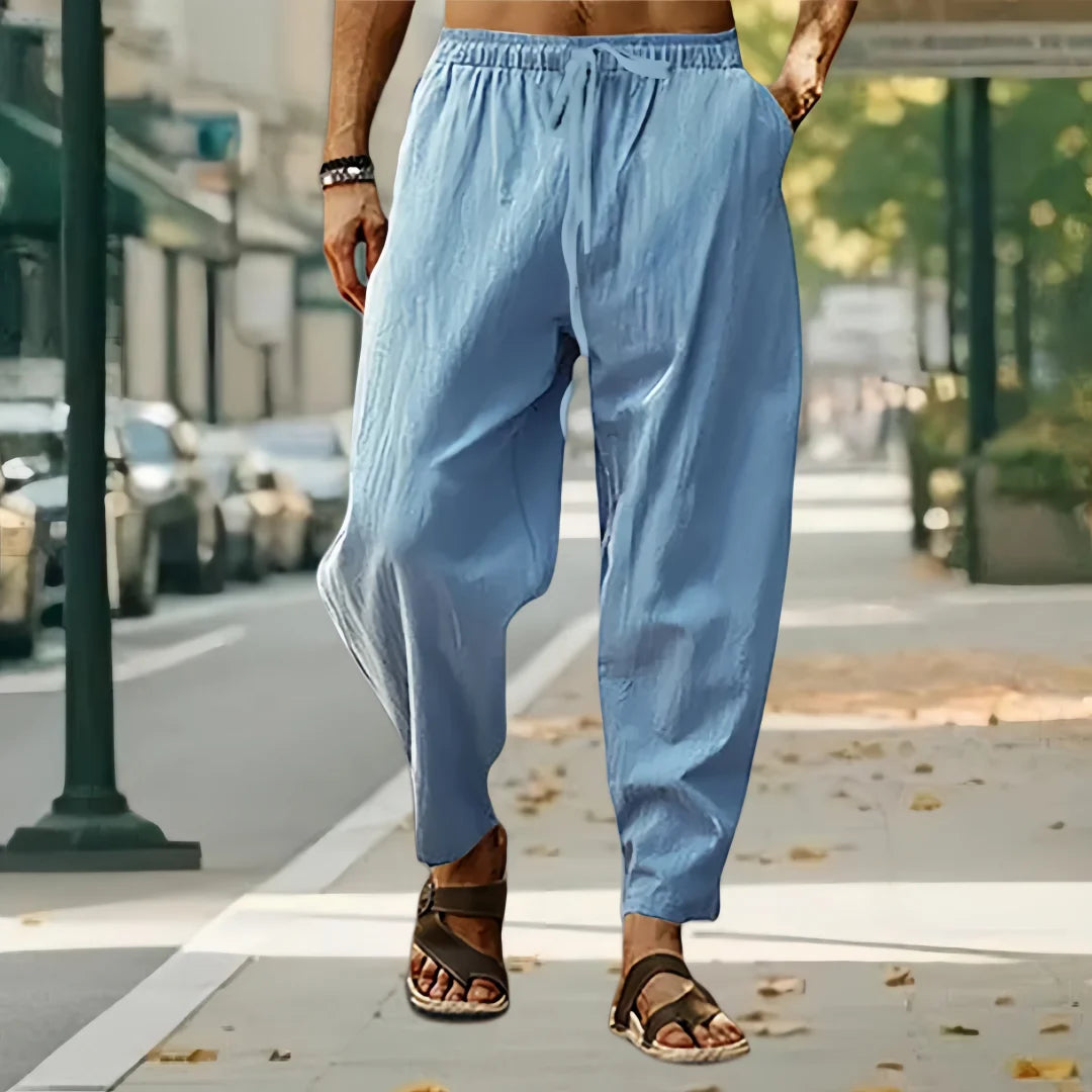 New Men Cotton Linen Pants Summer and Autumn Solid High Waist Wide-Leg Trousers Male Loose Hemp Casual Breathable Sports Pants
