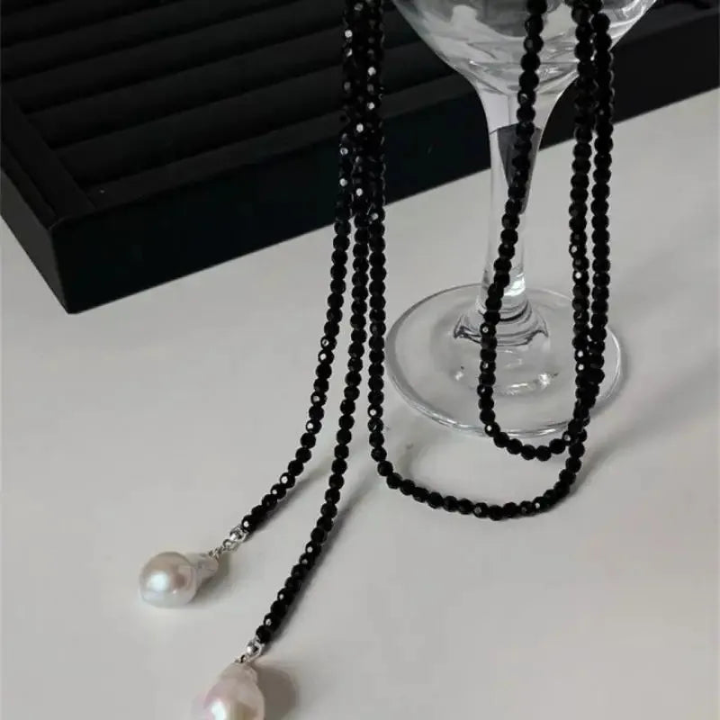 Retro Alien Irregular Baroque Pearl Pendant Necklace for Women Vintage Green Black Crystal Bead Long Necklace Neck Chain Jewelry