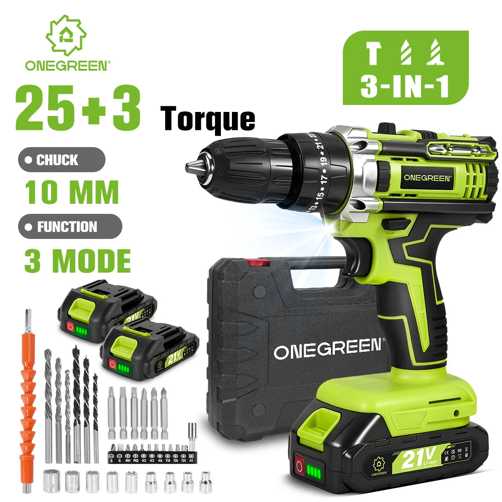 ONEGREEN 25+3 Torque Electric Impact Drill 3 Mode Adjustable Cordless Electric Screwdriver Power Tool For Makita 21V Battery Pin