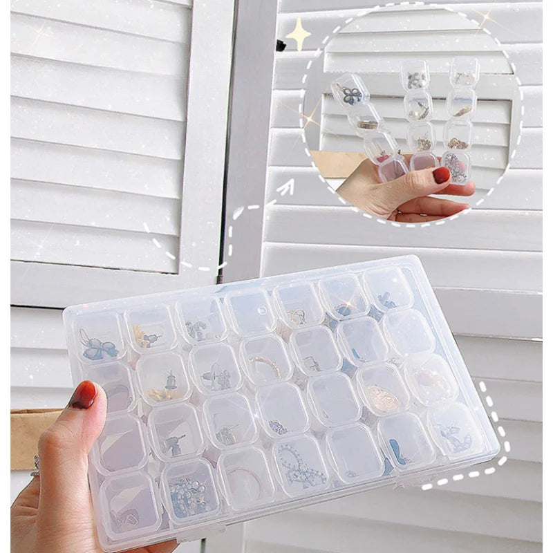 28-Grid Plastic Jewelry Storage Box, Organizer Case for Necklaces, Earrings, Rings