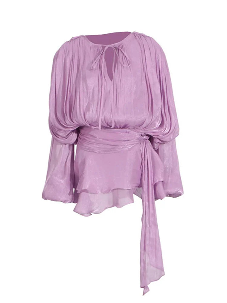 TARUXY Elegant Pleated Mini Dress For Women Lace Up Shiny Long Sleeve Dress Evening Party Outfits High Waist Female Slim Dress
