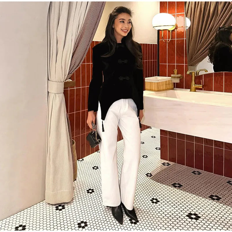 Black Velvet Tassel Jacket Knot Button Asymmetric Hem Long Sleeve Slim Fit Elegant Daily Commute Streetwear Fashion Outerwear