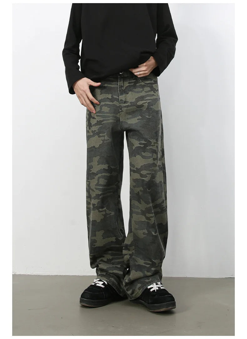 PFNW American 2025 New Tide Camouflage Jeans Men's Ins Loose Straight Wide Leg Casual Denim Pants Loose Male Trousers 12C2036