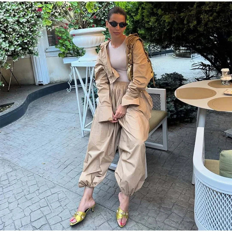 Drop Waist Lantern Pant 3 Pieces Suit Women Stripe Bikini Long Sleeve Lapel Shirt Pants Sets 2026 Female Casual Street Outfit