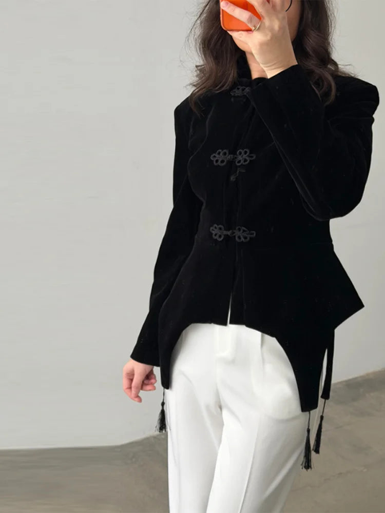 Black Velvet Tassel Jacket Knot Button Asymmetric Hem Long Sleeve Slim Fit Elegant Daily Commute Streetwear Fashion Outerwear